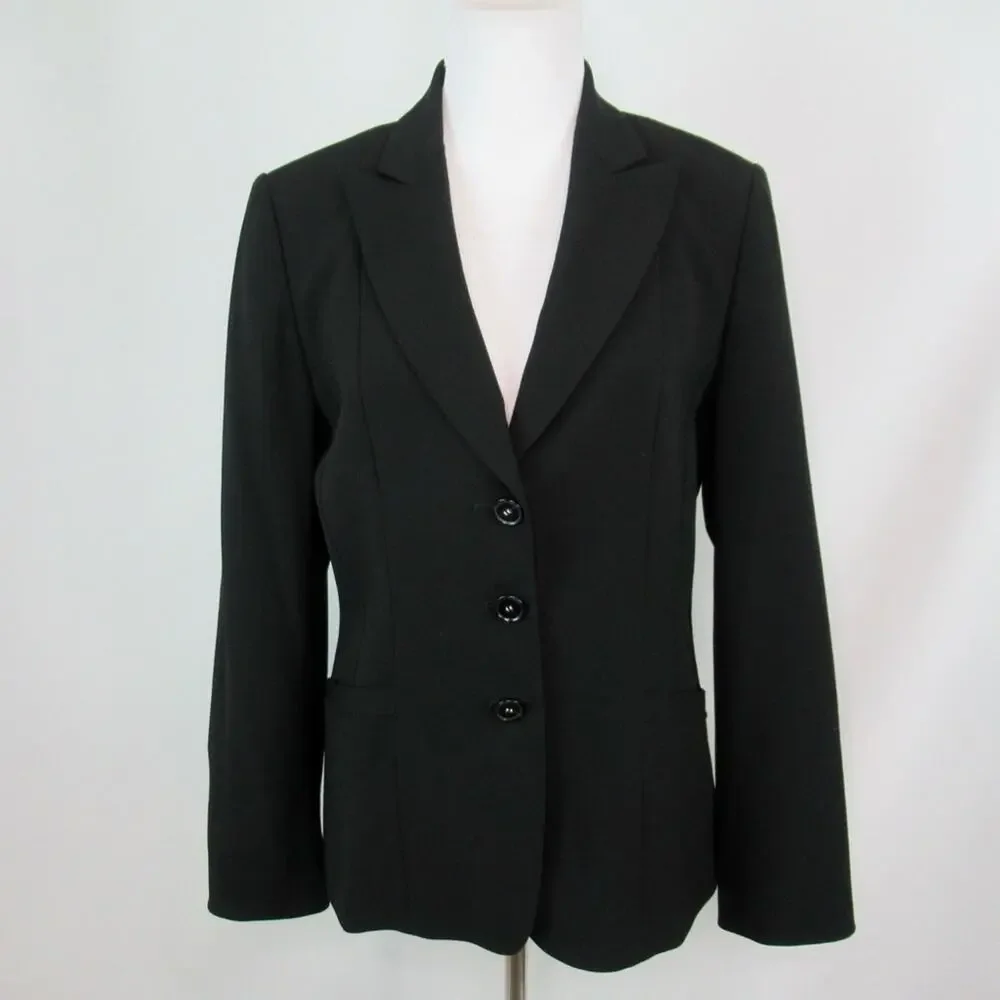 TAHARI Black Three-Button Zigzag Stitch Notch Collar Suit Jacket Blazer Size 14